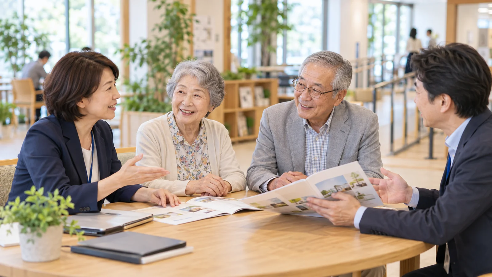 高齢者と企業担当者が認知症に配慮したサービスについて話し合うイメージ