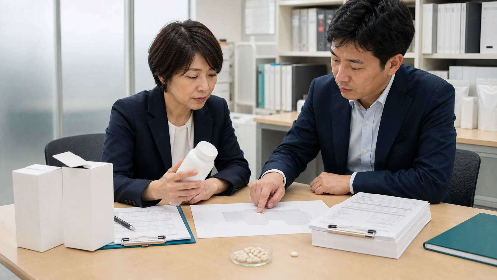 機能性表示食品の包装表示とGMP製造管理を確認する事業者のイメージ