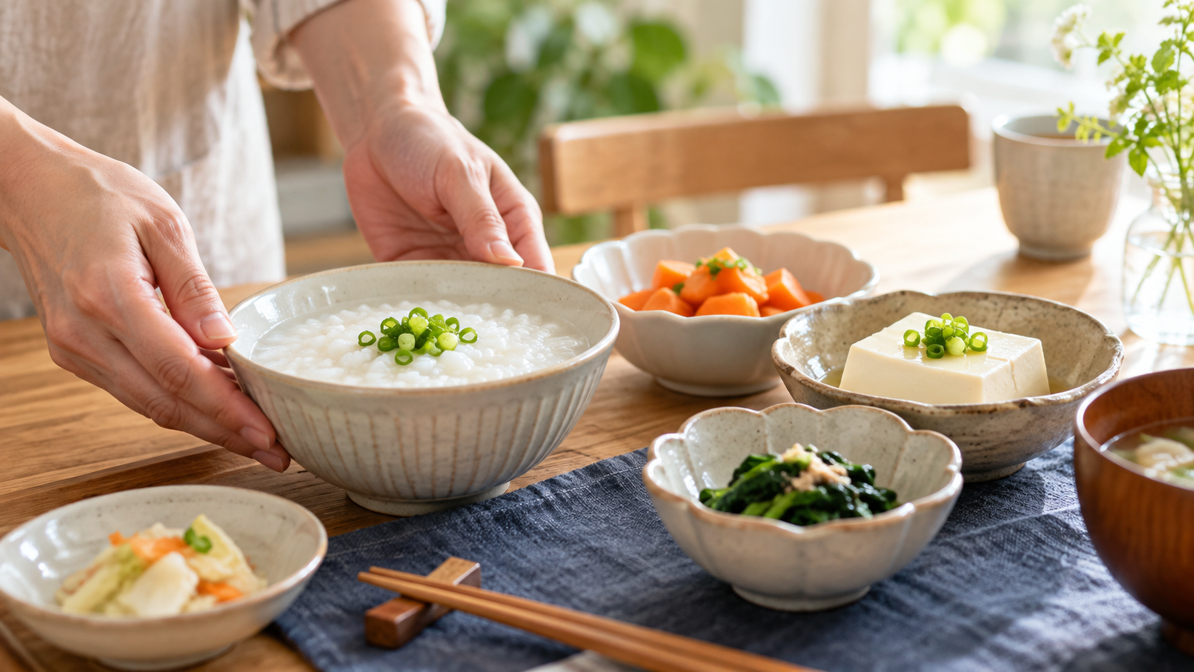 おかゆや豆腐などの料理を器に盛り付けた、明るい家庭の食卓のイメージ