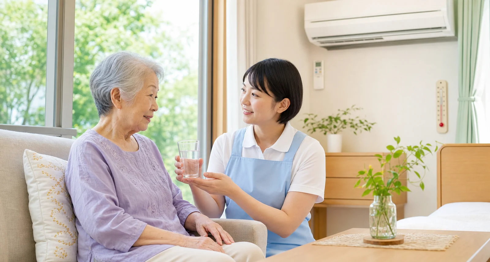 高齢者に水分補給を促す介護職員と室内の暑さ対策