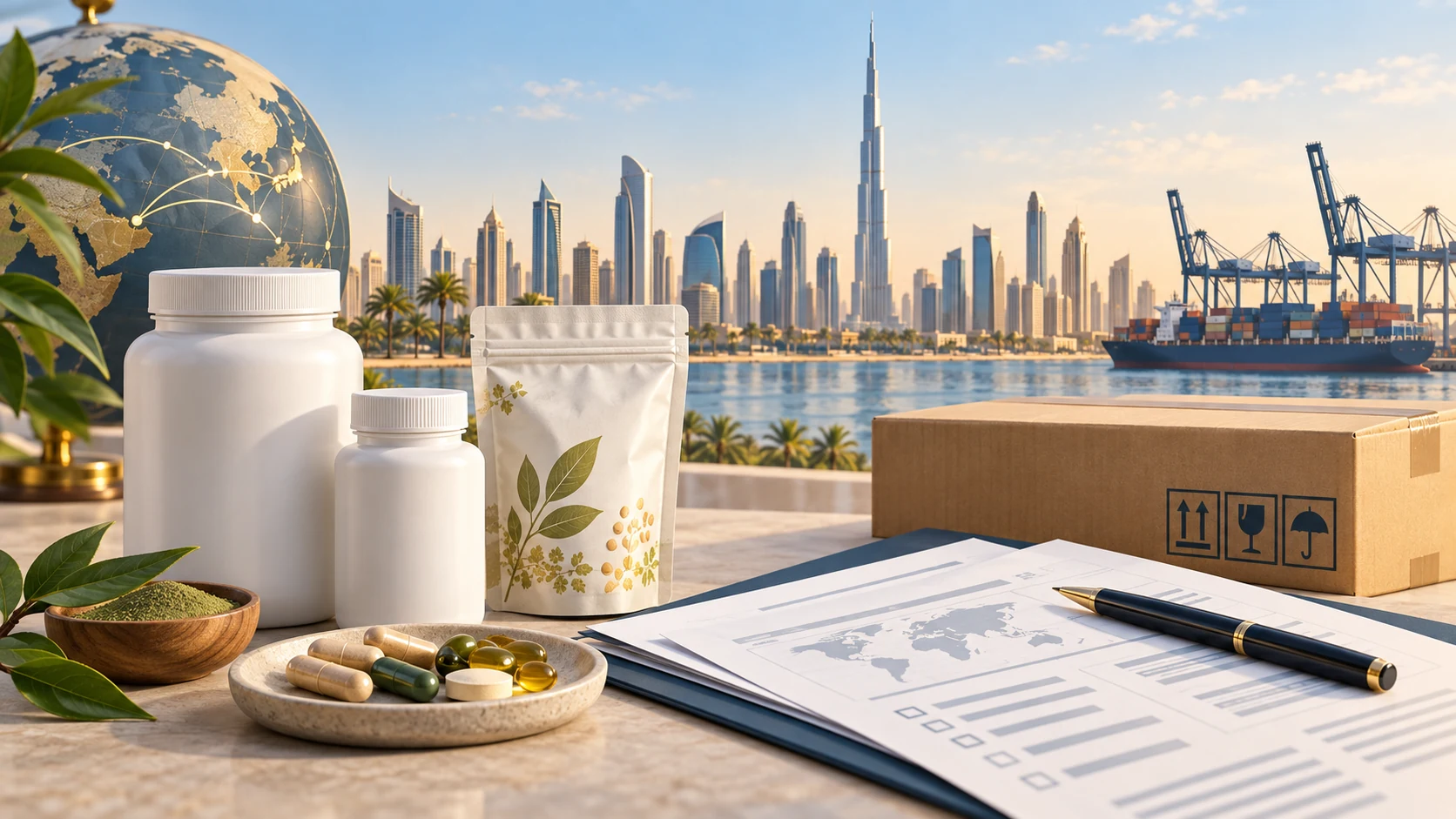 UAEの都市景観と港を背景に、健康食品と輸出書類を描いたイメージイラスト